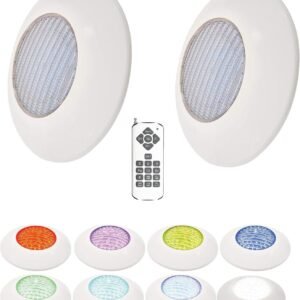 Foco Piscina Led 25W RGB 12 Colores Pack 2 + Mando - Instalación en Superficie de Piscina 2250 lumens Alta luminosidad - Slim Plus Nuevo DISEÑO Multicolor con tecnologia RGB - 12V Ø205 x 90mm