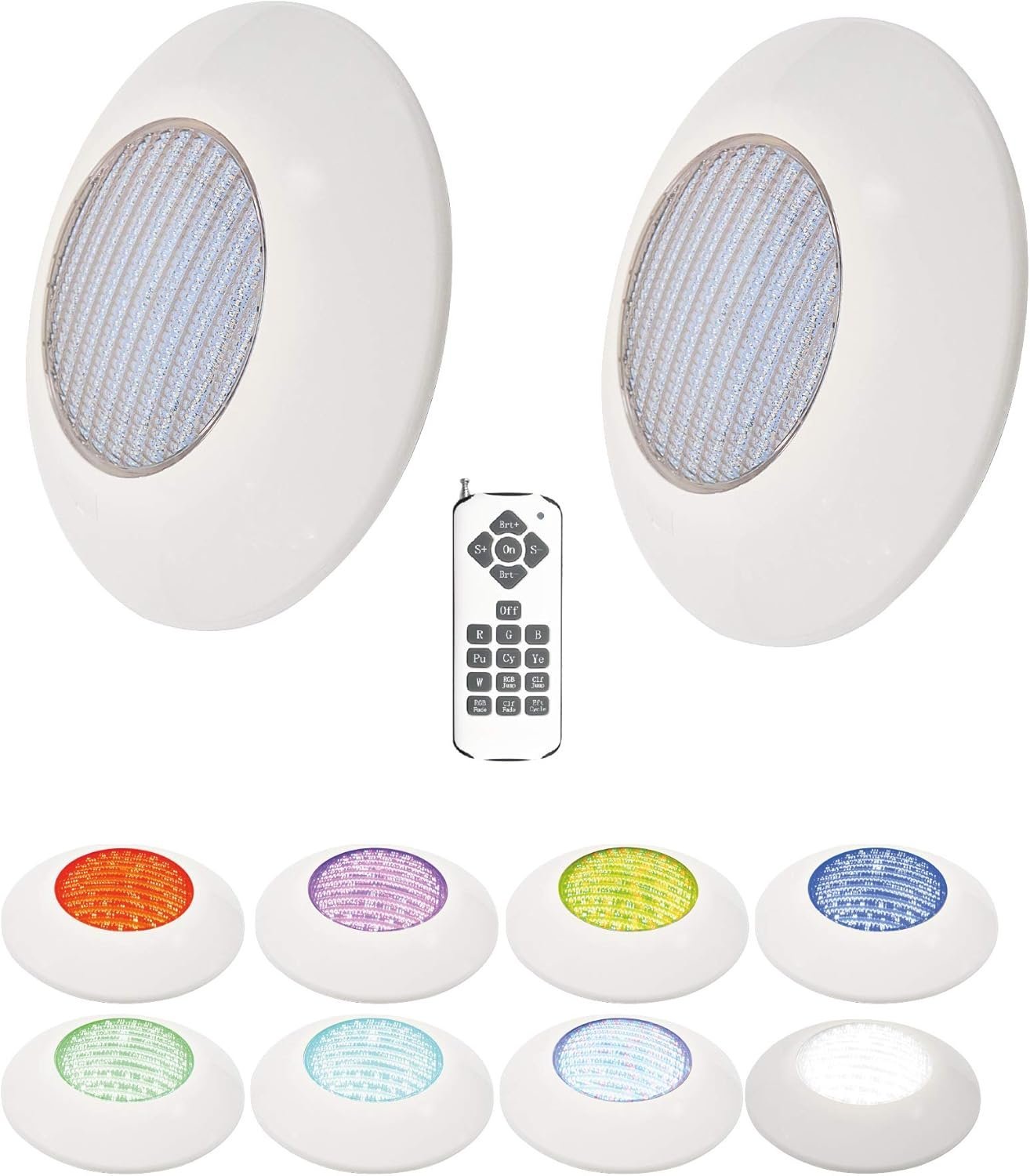Foco Piscina Led 25W RGB 12 Colores Pack 2 + Mando - Instalación en Superficie de Piscina 2250 lumens Alta luminosidad - Slim Plus Nuevo DISEÑO Multicolor con tecnologia RGB - 12V Ø205 x 90mm