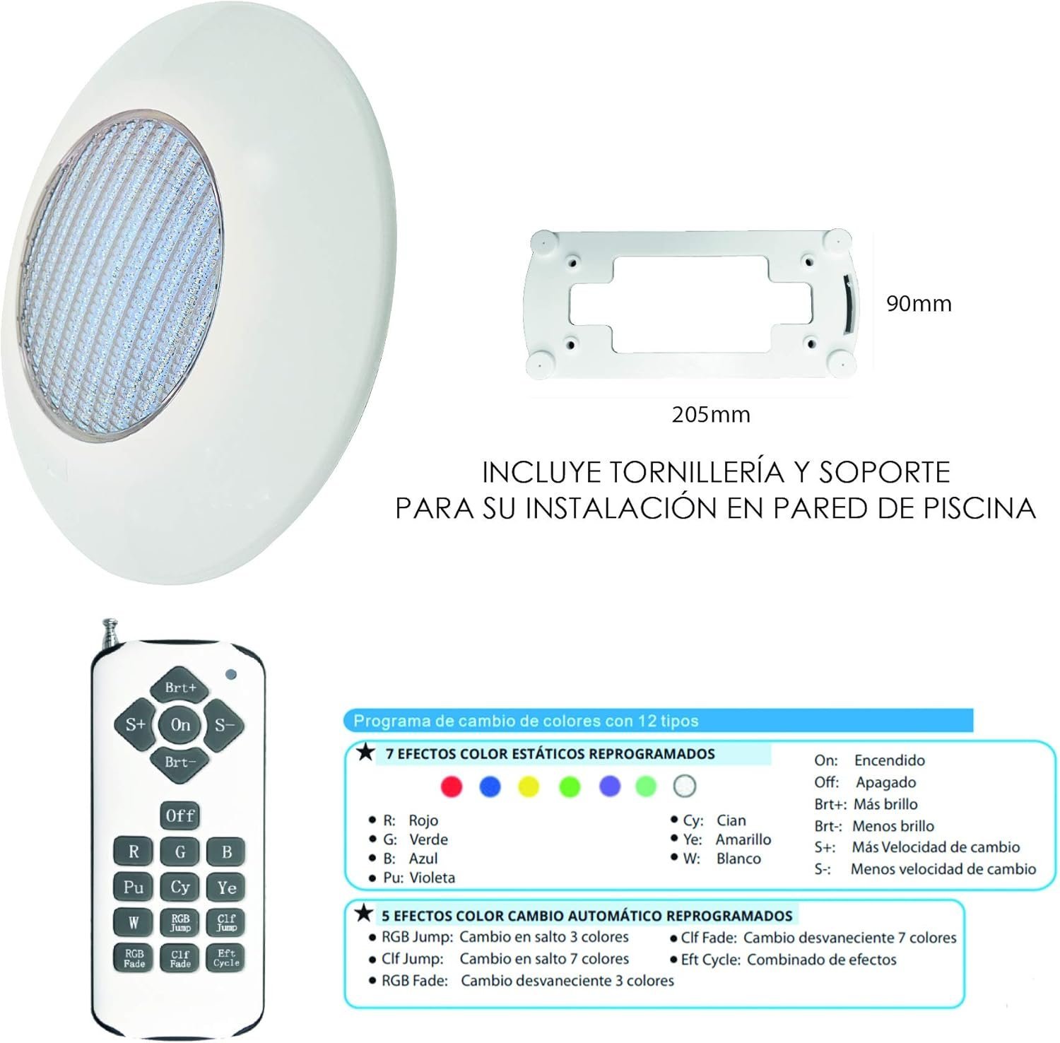 Foco Piscina Led 25W RGB 12 Colores Pack 2 + Mando - Instalación en Superficie de Piscina 2250 lumens Alta luminosidad - Slim Plus Nuevo DISEÑO Multicolor con tecnologia RGB - 12V Ø205 x 90mm - Imagen 3