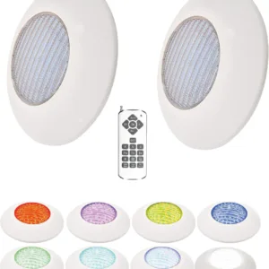 Foco Piscina Led 25W RGB 12 Colores Pack 2 + Mando - Instalación en Superficie de Piscina 2250 lumens Alta luminosidad - Slim Plus Nuevo DISEÑO Multicolor con tecnologia RGB - 12V Ø205 x 90mm