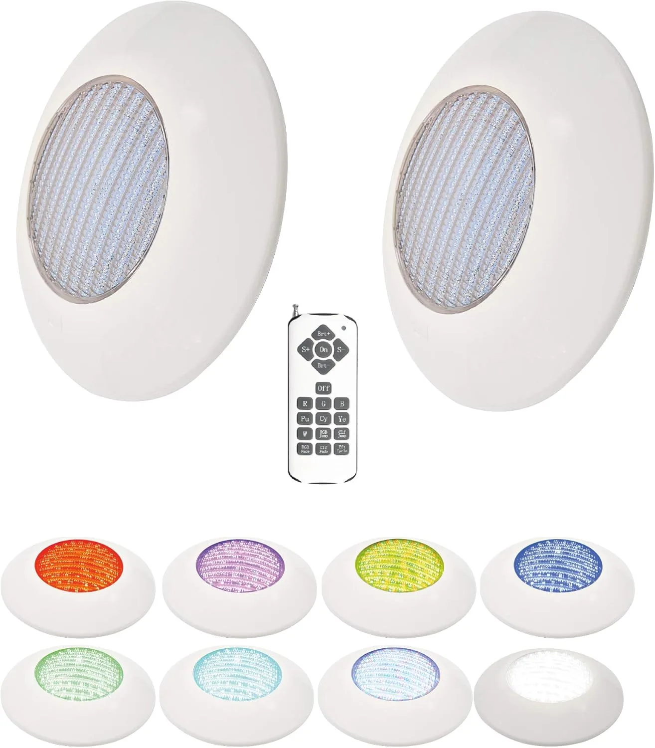 Foco Piscina Led 25W RGB 12 Colores Pack 2 + Mando - Instalación en Superficie de Piscina 2250 lumens Alta luminosidad - Slim Plus Nuevo DISEÑO Multicolor con tecnologia RGB - 12V Ø205 x 90mm