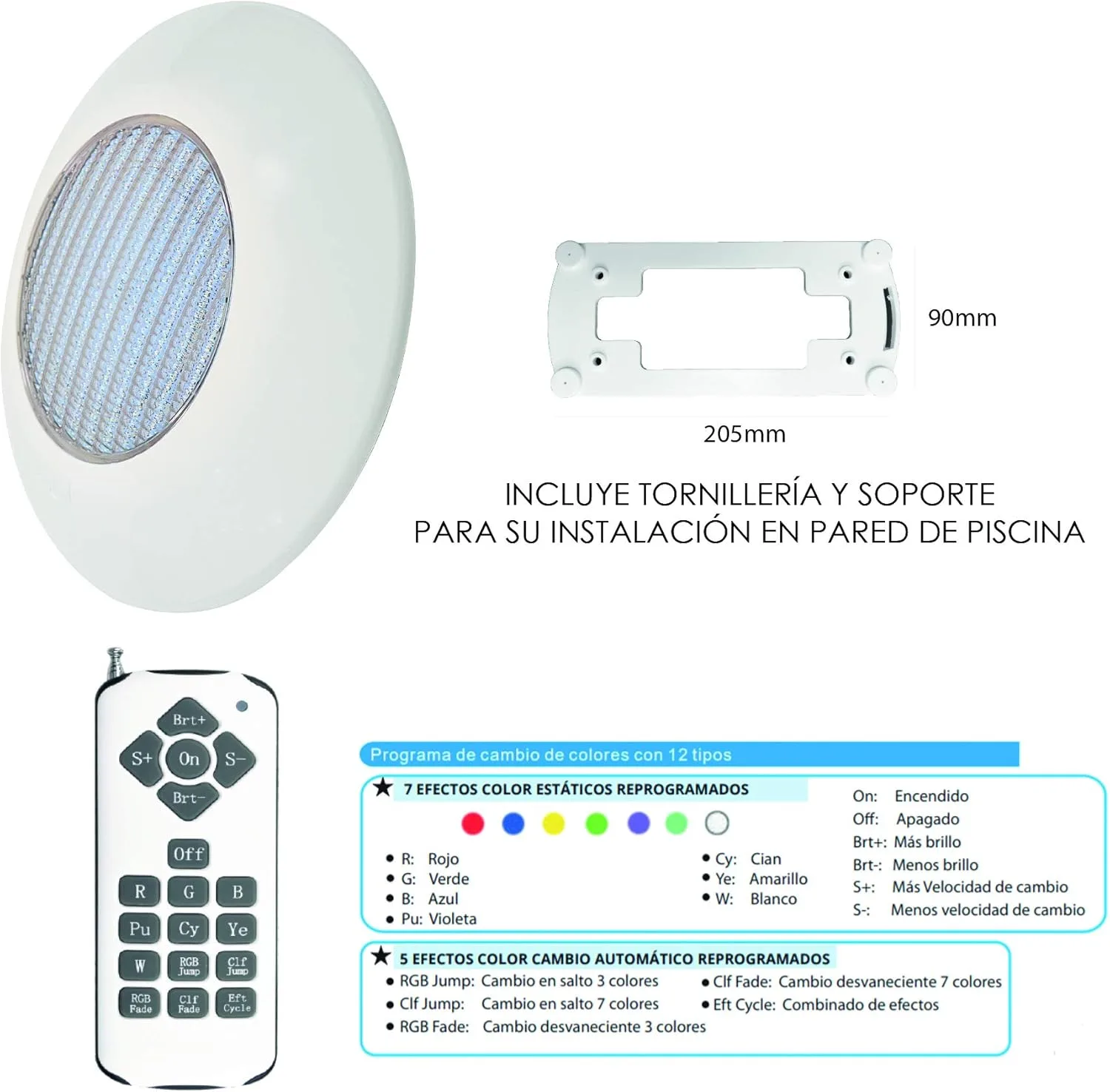 Foco Piscina Led 25W RGB 12 Colores Pack 2 + Mando - Instalación en Superficie de Piscina 2250 lumens Alta luminosidad - Slim Plus Nuevo DISEÑO Multicolor con tecnologia RGB - 12V Ø205 x 90mm - Imagen 3