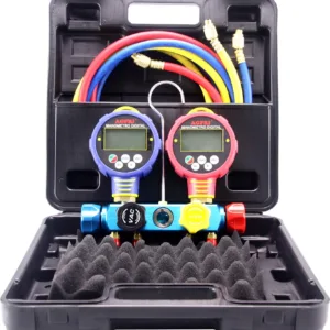 Agfri Analizador de Refrigeración 2 Válvulas con Manómetros Digitales, Negro, Compatible con R22/R134A/R404A/R407C/R410A, 87x90mm, Incluye Gancho y Mangueras 1500mm