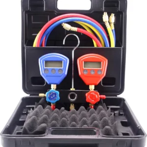 Analizador de Refrigeración 2 Válvulas con Manómetros Digitales para R22/R134A/R404A/R407C/R410A, Incluye Gancho, Mangueras 1500mm, Estuche, 87x90mm