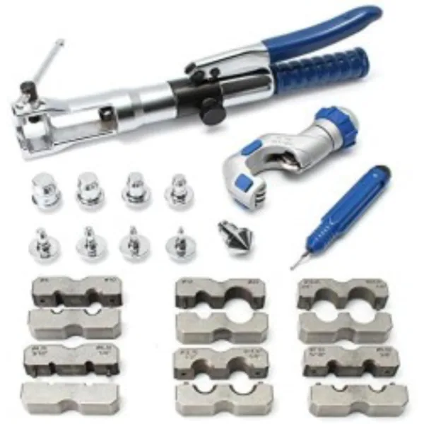 Kit Expandidor Hidráulico y Herramienta de Abocardado con Cortatubos, 9 Expansores Lineales, 6 Terminales, Acero con Mango PVC, Incluye Escariador y Maletín