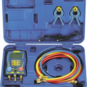 Manómetro Digital Profesional 2 Válvulas, Alta Precisión, Soporta más de 80 Gases Refrigerantes, Incluye R32, Pantalla LCD, con 2 Sensores de Temperatura, Mangueras 150cm, Conexión SAE 1/4